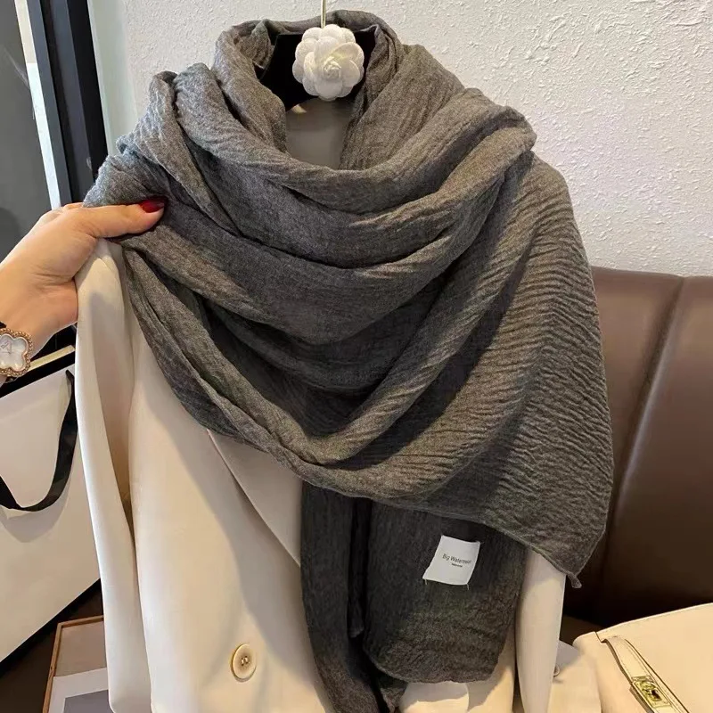 Top Trends: Designer Brand Women Silk Scarf Solid Color Shawl Wrap Pleated Neckerchief Cotton Linen Hijab Headscarf Female Foulard Bufandas Shoppable Styles