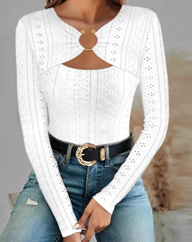 Top Trends: Fashion Woman Blouse 2023 Spring Ring Decor Cutout Eyelet Embroidery Ruched Casual Long Sleeve Skinny Asymmetrical Neck Tee Top Shoppable Styles