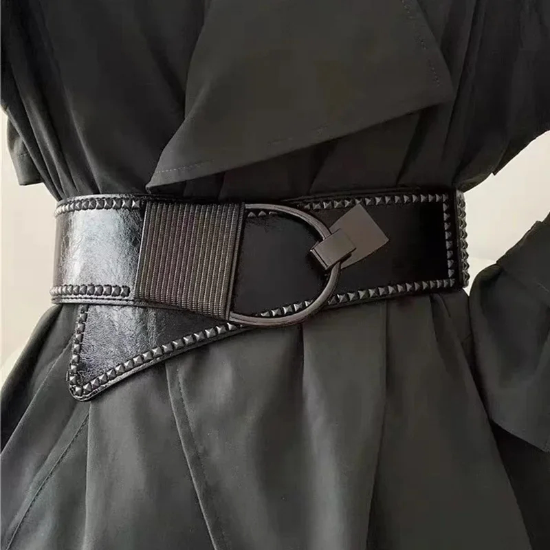 Top Trends: Fashion High Quality Ladies Rivet Wide Belt Coat Dress Decorated Waist Elastic Punk Girdle Belts For Women Luxury Designer Brand Shoppable Styles