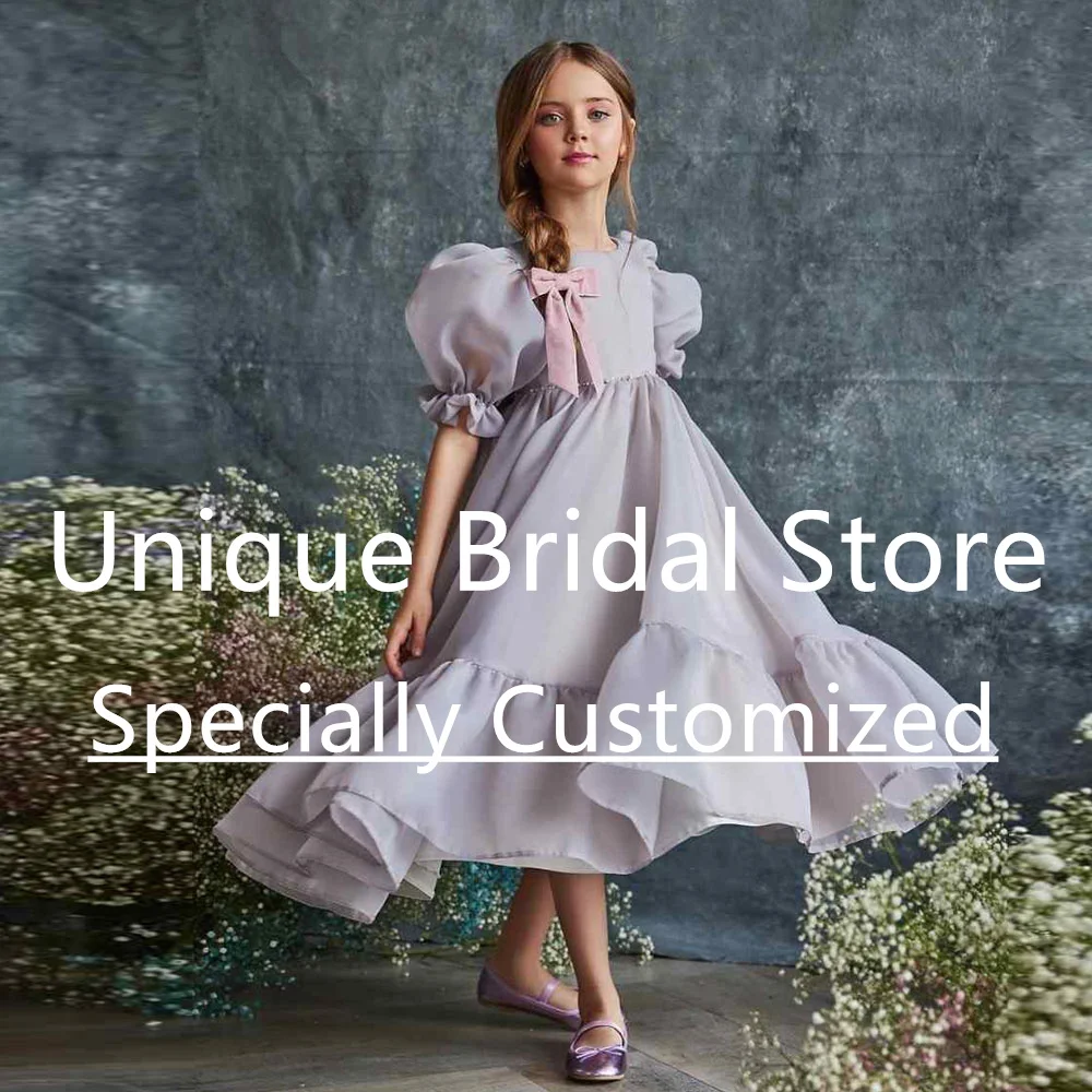 Top Trends: Elegant Crew-Neck Flower Children's Gown Puff Short Sleeve Draped Ruffle Bow Tea-Length Wedding Dress For Girl 2023 New Shoppable Styles