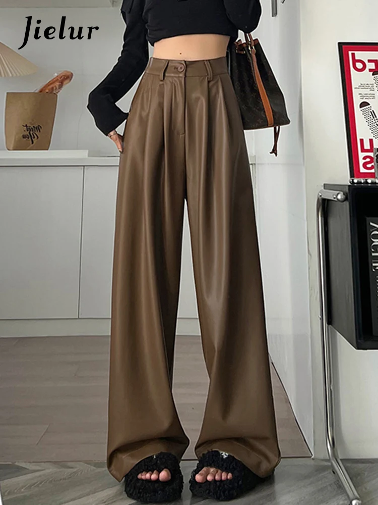 Top Trends: Jielur New Pu Straight Fashion Female Wide Leg Pants Slim Casual Winter Loose Women's Trousers Chic Simple Office Ladies Black Shoppable Styles