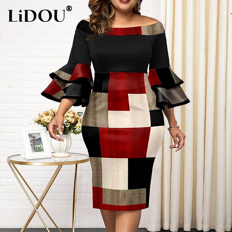 Top Trends: Autumn Winter Fashion Casual Simple Design Hip Package Dress Women Flying Sleeves Plaid Print Plus Size Elegant Bodycon Dress Shoppable Styles