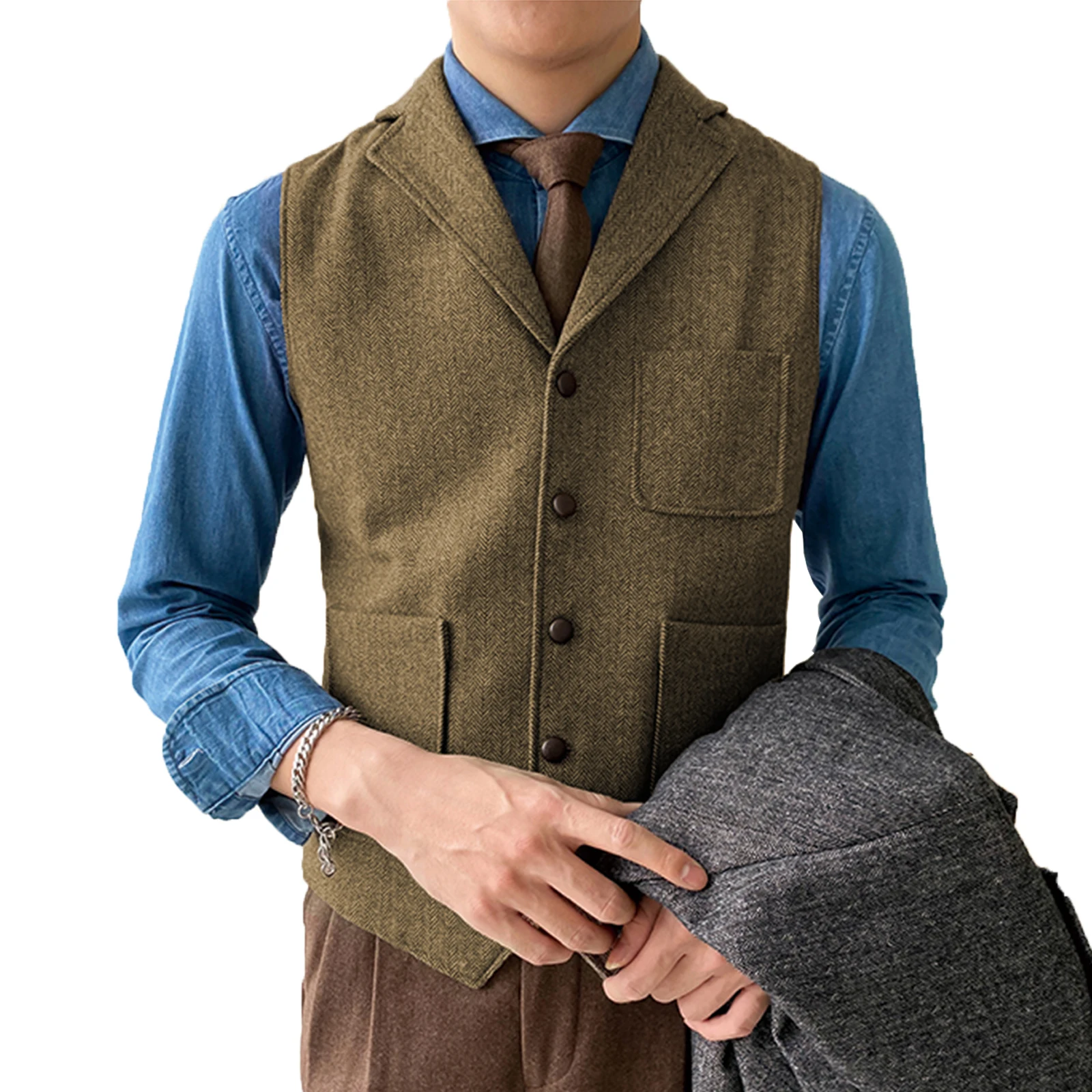 Top Trends: V Neck Men&#039;s Suit Vest Herringbone Tweed Waistcoat Notch Lapel With 3 Pockets Business Formal Waistcoat Groomsmen For Wedding Shoppable Styles