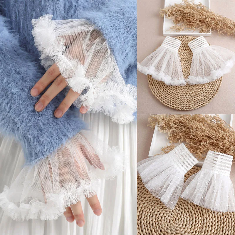 Top Trends: 2023 New Detachable Cuffs Pearl Lace Mesh Fake Flared Sleeves Women Pleated Flare Sleeve Ruffles Wristband Decorative Accessory Shoppable Styles