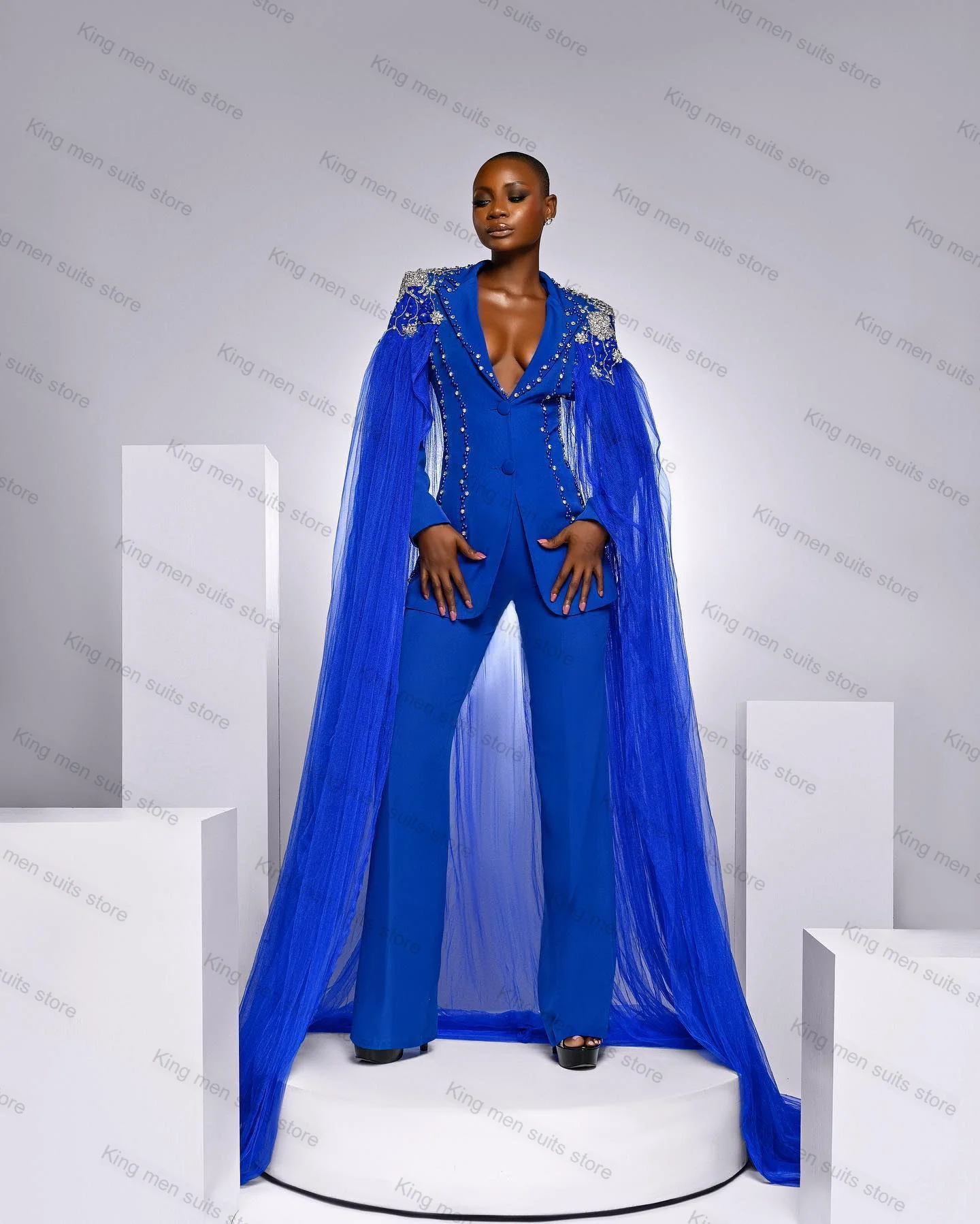 Top Trends: Crystals Blue Cape Women Suits Pants Set 2 Piece Office Lady Wrap Jacket Prom Dress Wedding Tuxedo Custom Made Jacket Outfit Shoppable Styles - Image 3