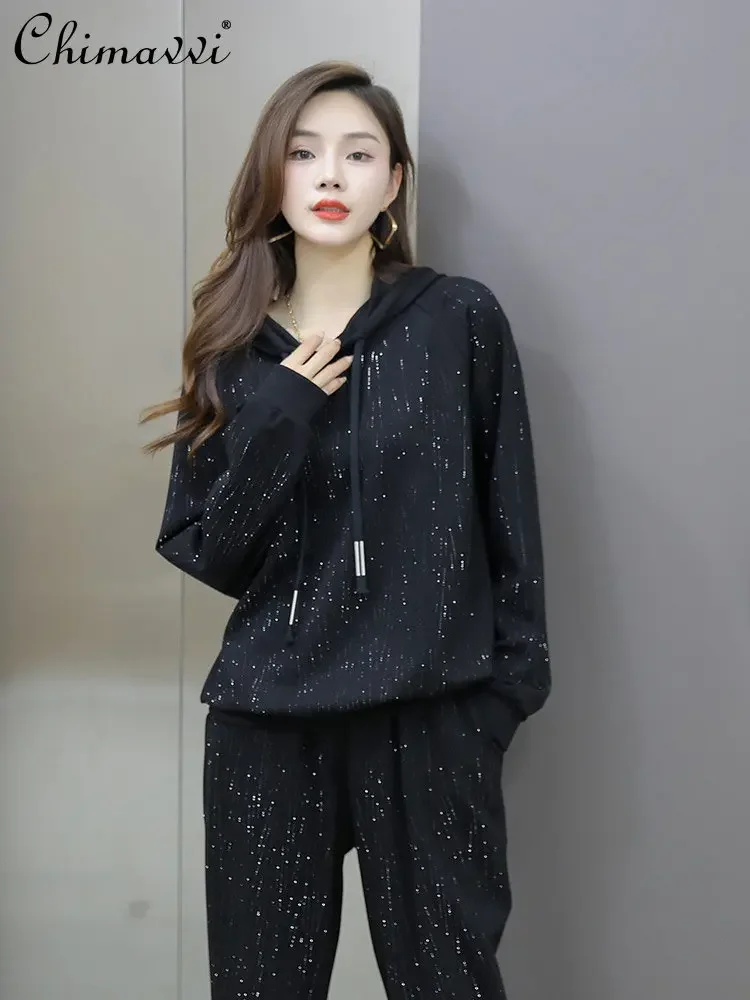 Top Trends: Fashion Suit Women Oversized 2022 Autumn Winter New Heavy Hot Drilling Slimming Loose Elegant Streetwear Casual Two-Piece Set Shoppable Styles