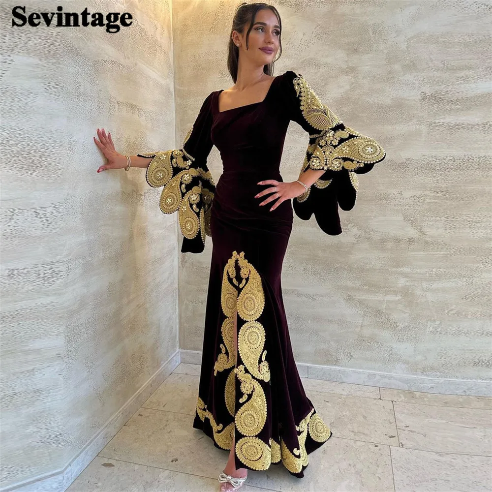 Top Trends: Sevintage Elegant Arabic Mermaid Velvet Evening Dresses Square Collar Long Cape Sleeves Appliques Prom Gowns Algerian Outfits Shoppable Styles