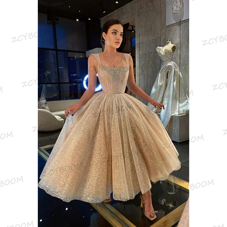 Top Trends: Charming Square Collar Spaghetti Straps Prom Dresses 2023 A-Line Ankle-lengh Beaded Tulle Zipper Custom Made Formal Gown Shoppable Styles