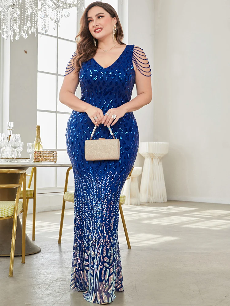 Top Trends: XUIBOL Plus Size Elegant Sequins Evening Dress 2024 Women Formal Maxi Prom Blue Party Dress Luxury Beading Cocktail Dresses Shoppable Styles - Image 4