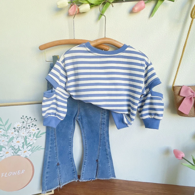 Top Trends: Girls Clothing Sets Korean Fashion Clothes Striped Sweatshirt Tops + Flared Jeans 2Pcs For Kids Girls Spring Autumn Suit Outfits Shoppable Styles