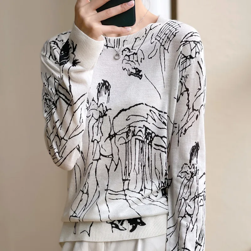 Top Trends: Summer Trendy Fine Imitation Wool Knitted T-Shirt Women's Short-Sleeved Top Graffiti Digital Jacquard Pullover Ladies Sweater Shoppable Styles