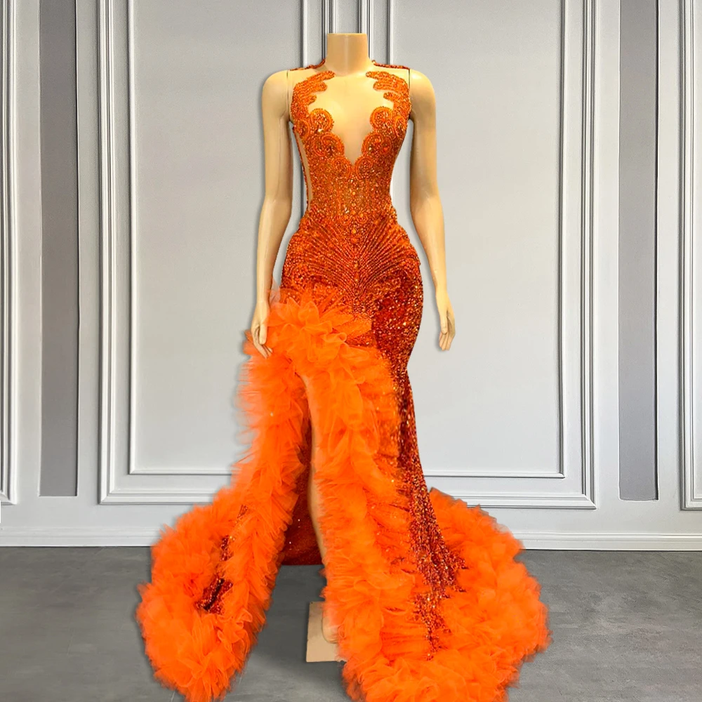 Top Trends: Sparkly Sequin Long Prom Dresses 2024 High Slit Orange Ruffle Luxury Crystal Beaded Black Girls Mermaid Prom Gowns Shoppable Styles