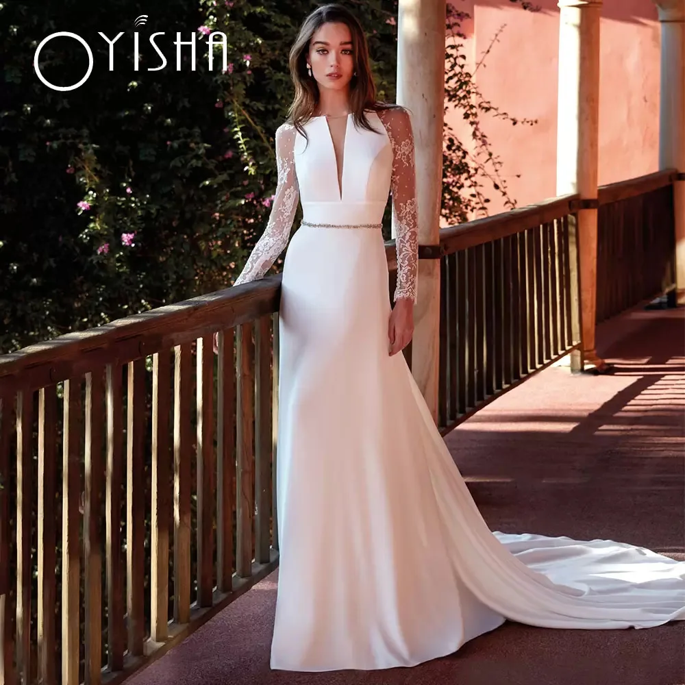 Top Trends: OYISHA Elegant Lace Sleeves Satin Wedding Dresses For Women 2023 Simple Bridal Gown With Beaded Belt Custom Made Robe De Mariée Shoppable Styles