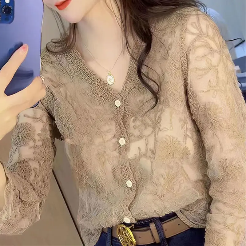 Top Trends: Korean Lace Hollow Out Shirt Women's Clothing Elegant V-Neck Single-breasted Spring Summer Commute Fashion Gauze Straight Blouse Shoppable Styles - Image 4