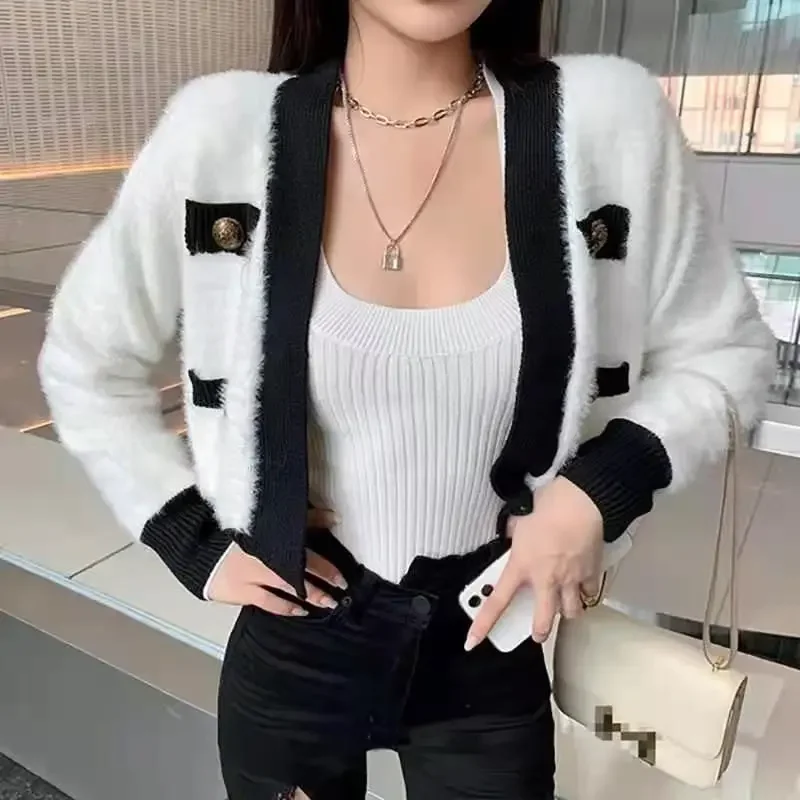 Top Trends: Women Sweaters Pink Mohair Contrast Color Short Cardigans Korean Chic Ins Fashion Autumn Winter Jersey Mujer Sweet 2022 Pink Shoppable Styles - Image 4