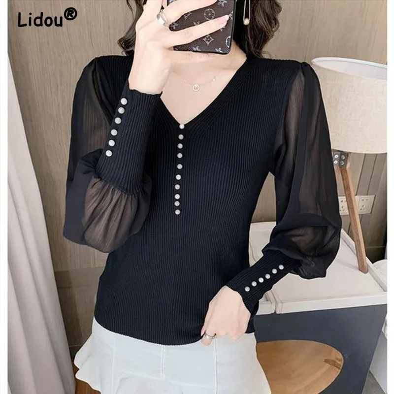 Top Trends: Summer Autumn 2022 Chiffon Splicing Knitted Pullovers For Women 2022 New Office Lady Shirt Women's Clothing Chic T-Shirt Tops Shoppable Styles