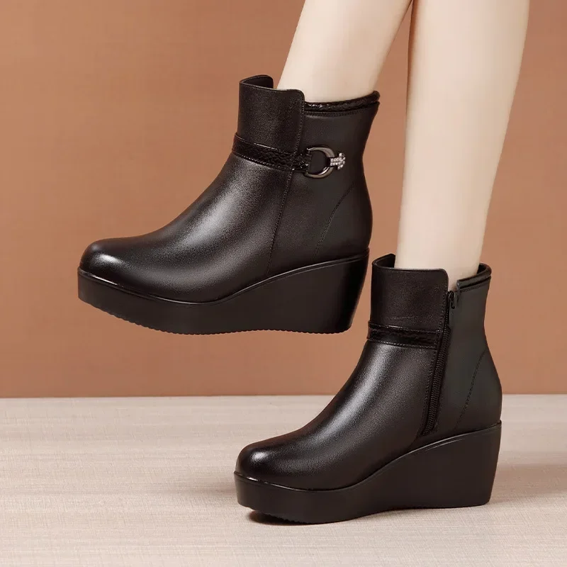 Top Trends: 6cm Small Size 32-43 Genuine Leather Boots Platform Wedges Shoes 2024 Winter Womens Med Heels Thick Bottom Snow Ankle Boots Shoppable Styles