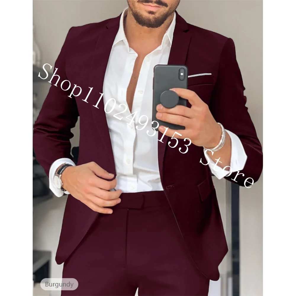 Top Trends: Burgundy Men Suits Slim Fit Groom Tuxedos 3 Piece Male Suits Blazer Formal Business Wedding Tuxedos Jacket Pants Costume Homme Shoppable Styles