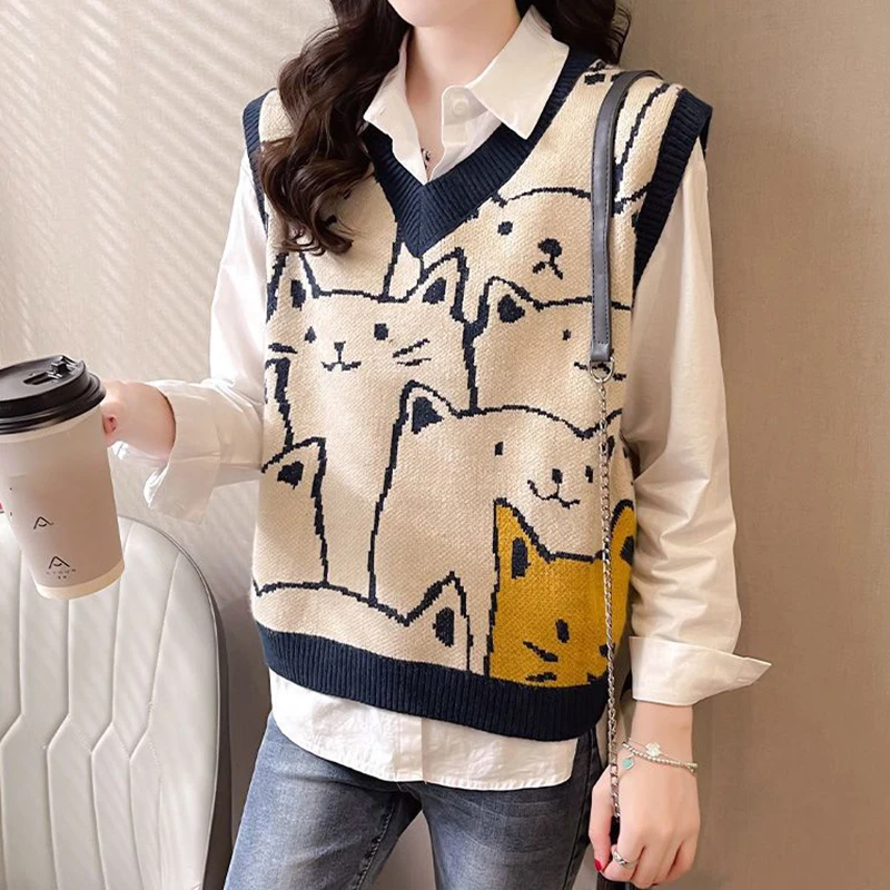 Top Trends: Women Cat Printed Cute Sweater Vest Knit V-Neck Casual Sleeveless Pullovers Streetwear Sweater Vest For Women 2023 Autumn Shoppable Styles