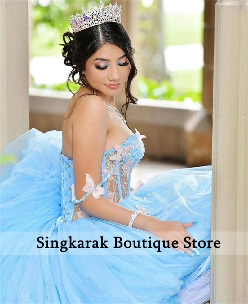 Top Trends: Sky Blue Princess Quinceanera Dress Butterfly Appliques Beads Crystal Birthday Prom Sweet 16 Gown Vestidos De 15 Años Corset Shoppable Styles - Image 4