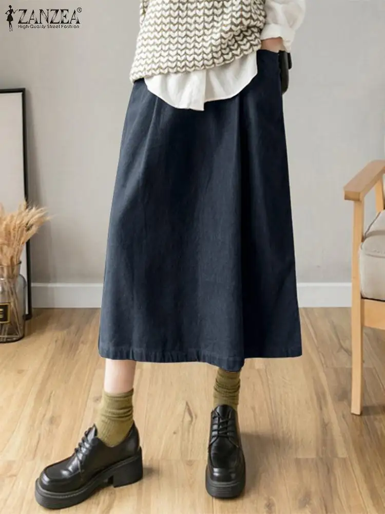 Top Trends: ZANZEA Women Midi Skirts Korean Fashion Corduroy Long Skirt Autumn 2023 Elastic High Waist Jupes Casual Loose Solid Pocket Skirt Shoppable Styles