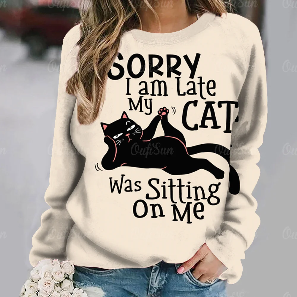 Top Trends: Anime Cat Printed Women's T-shirt Vintage Style Sweater Cotton O-neck Y2k Long Sleeve Ladies Clothing Oversized Street Pullover Shoppable Styles