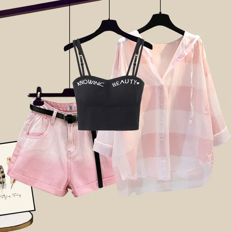 Top Trends: Fashion Tie-dyed Shorts Sunscreen Plaid Shirt Pink Bra Three-piece Elegant Women's Pants Set Summer Outfits Tracksuit For 2023 Shoppable Styles - Image 3