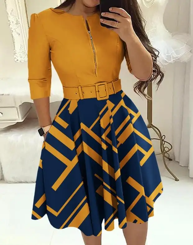 Top Trends: Women's Clothing Sexy Dress Round Neck High Waisted Geometric Print Colorblock Zipper Design Casual Dresses With Belt Autumn New Shoppable Styles