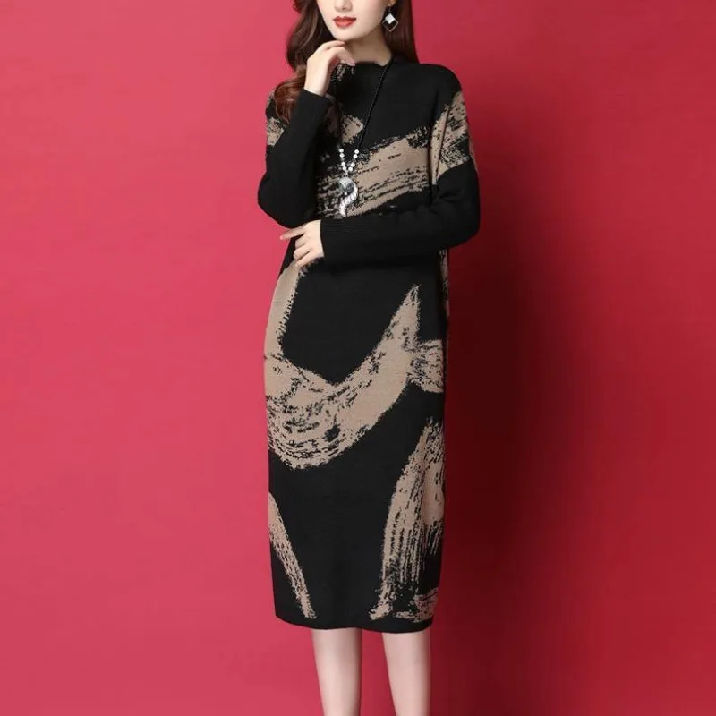 Top Trends: Autumn And Winter Women&#039;s Solid Color Printed Half High Neck Long Sleeve Loose Plus Size Pullover Underlay Fashion Casual Dress Shoppable Styles