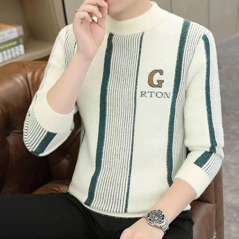 Top Trends: Fashion Stand Collar Striped Letter Embroidery Sweaters Men's Clothing 2023 Winter Loose Knitted Casual Pullovers Korean Tops Shoppable Styles