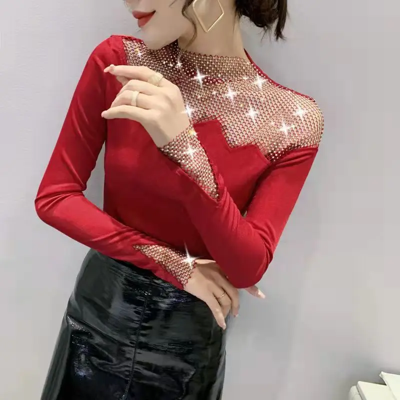 Top Trends: Elegant Spliced Gauze Hollow Out Diamonds Blouse Women's Clothing 2023 Spring New Casual Pullovers Loose Chic Shirt Shoppable Styles