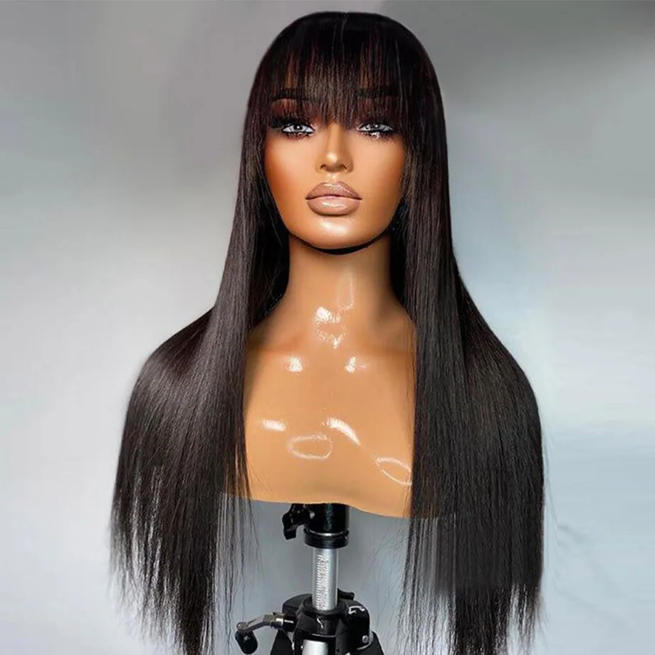 Top Trends: 30 Inch Full Machine Made Human Hair Wig With Bangs Brazilian Straight Hair Wigs For Black Women Cheap Short Bob Wig 150 Density Shoppable Styles