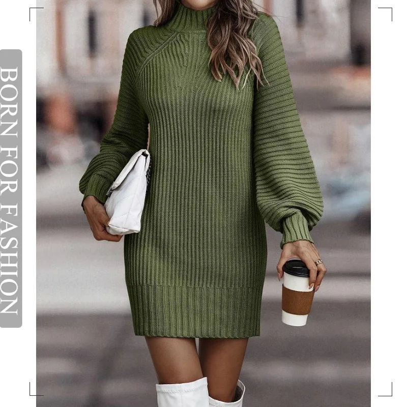 Top Trends: Vintage Winter Knitted Dress Ladies Chic Turtleneck Lantern Long Sleeve Mini Sweater Dresses For Women New Arrival 2023 Clothes Shoppable Styles