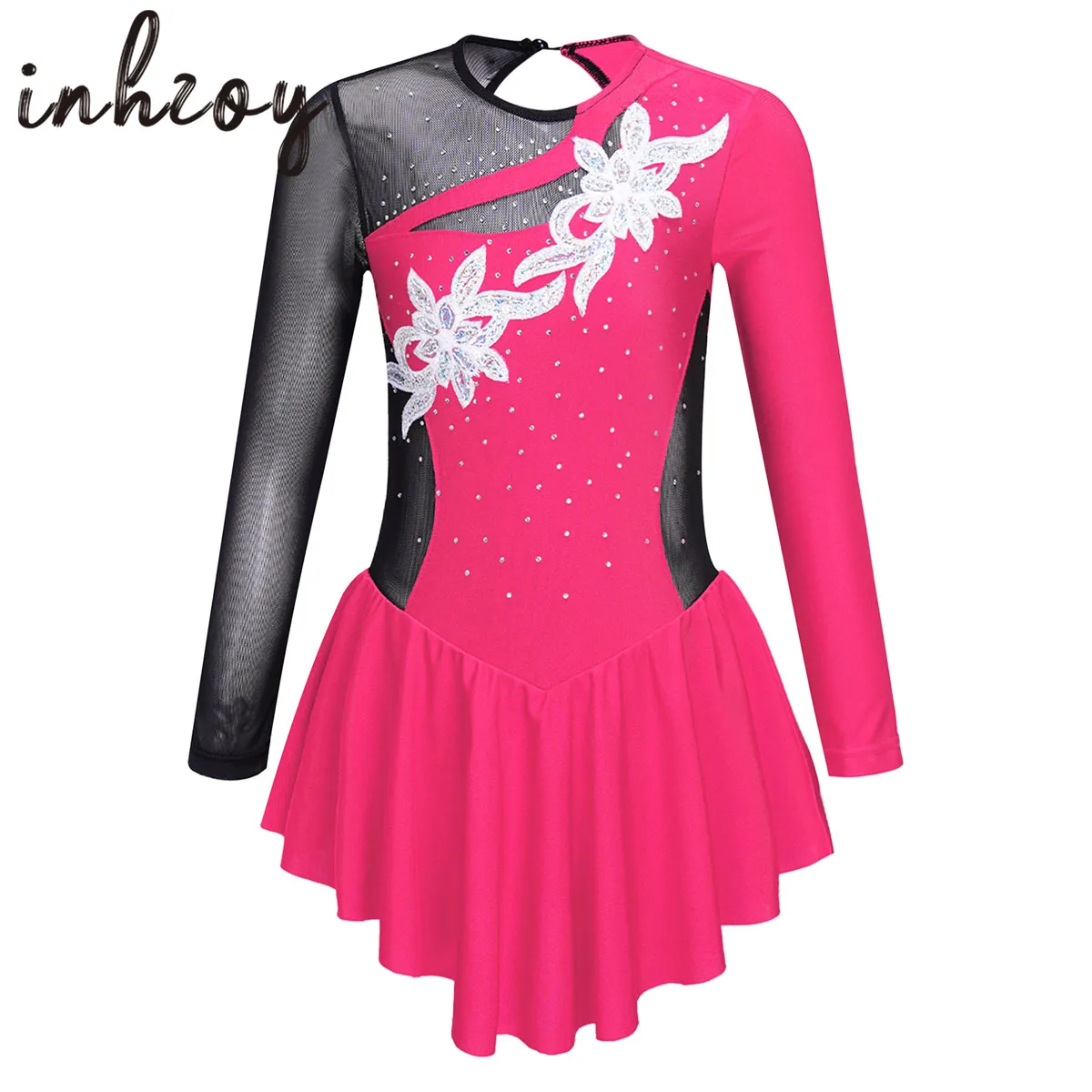 Top Trends: Kids Girls Rhinestone Floral Sequins Figure Ice Skating Dress Ballroom Dance Competition Gymnastics Ballet Leotard Dance Costume Shoppable Styles