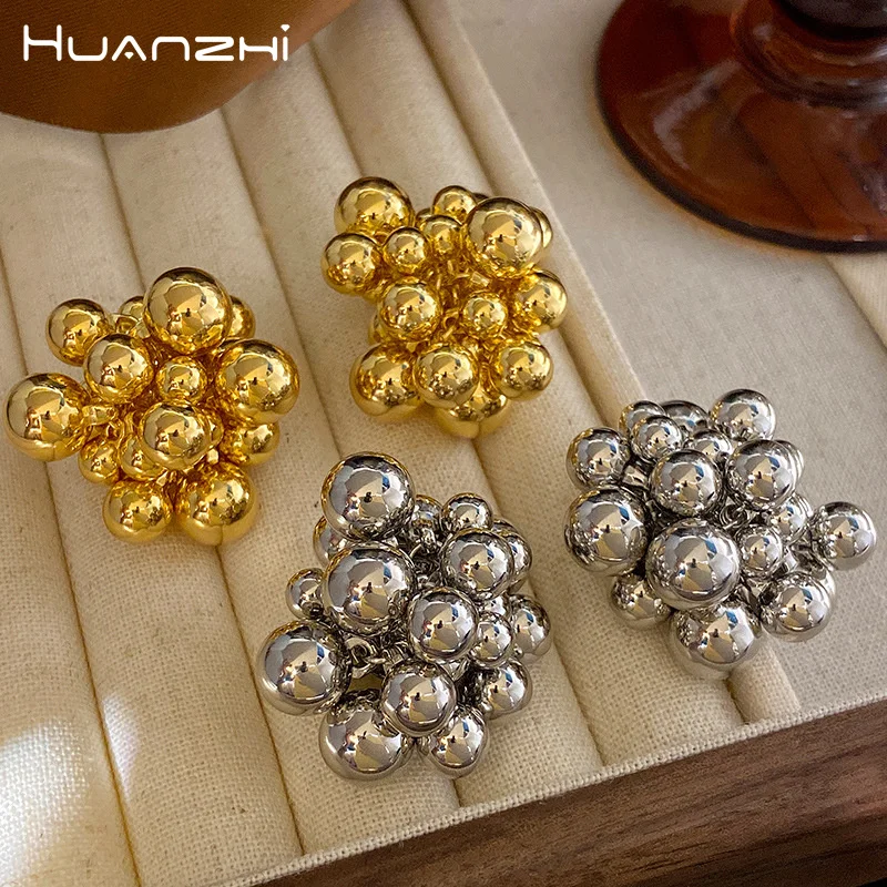 Top Trends: HUANZHI Sliver Color Balls Grape String Beads Hollow Ball Stud Earrings For Women Girls Chunky Exaggerated Metal Jewelry New Shoppable Styles