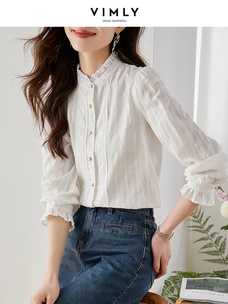 Top Trends: Vimly Ruffles Stand Collar Embroidery Shirt For Women Autumn 2023 Fashion Casual 100% Cotton Button Up Shirts Long Sleeve Tops Shoppable Styles