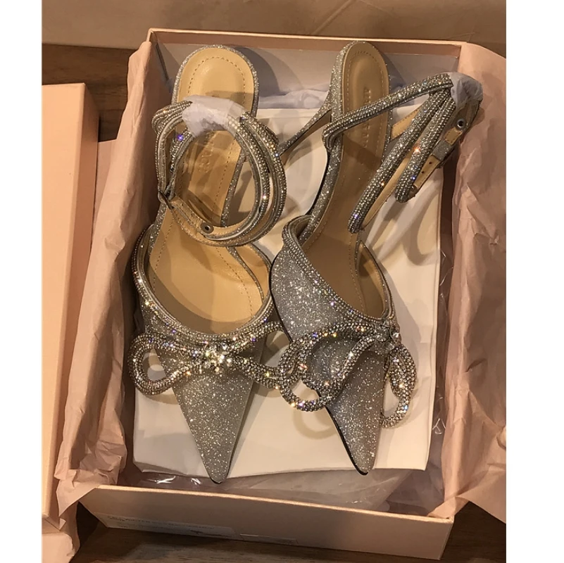 Top Trends: Glitter Rhinestones High Heels Women Pumps Crystal Bowknot Satin High Heels Sandals 2023 Summer Shoes Party Prom Shoes Plus Size Shoppable Styles