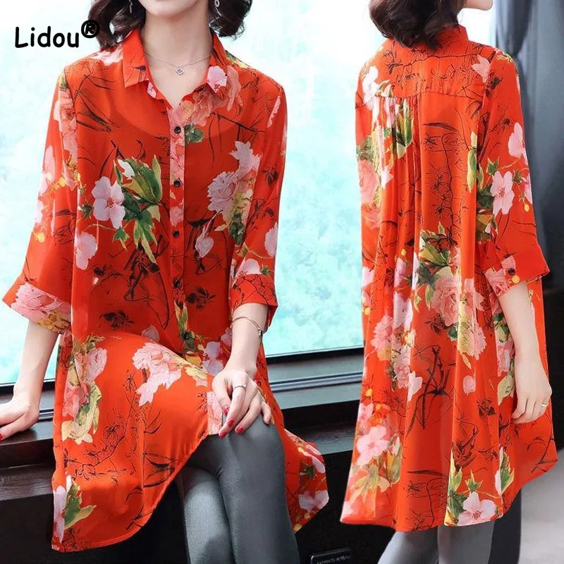 Top Trends: Women's Clothing Vintage Printed Polo-Neck Long Shirt New Casual Loose 3 / 4 Sleeve Chiffon Single-breasted Blouse For Female Shoppable Styles