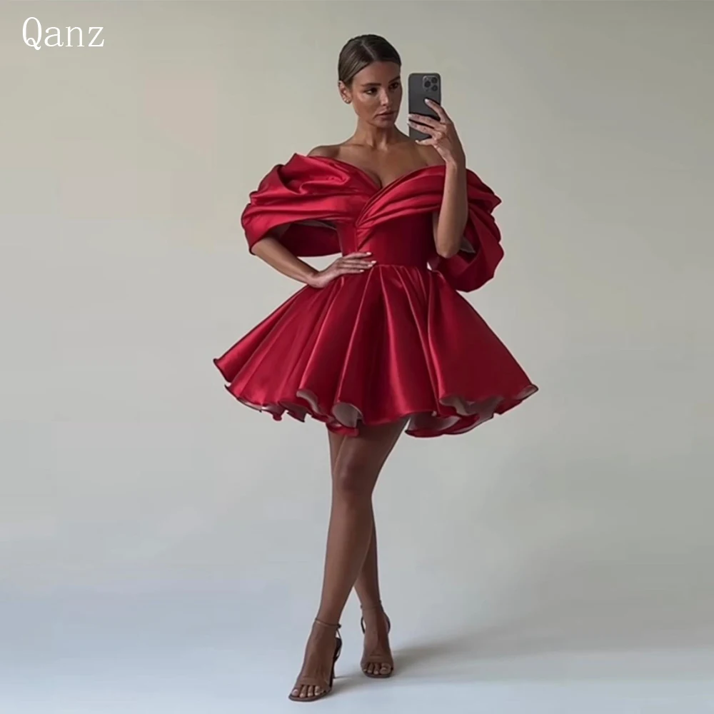 Top Trends: Qanz Short Prom Dress Red Off The Shoulder Above Knee Satin Formal Evening Gowns Girl Vestidos De Graduación Pleat Party Dress Shoppable Styles