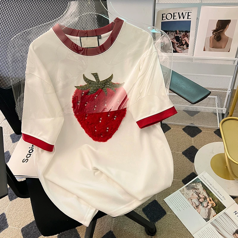 Top Trends: Cotton Short Sleeve T-shirt Women's Summer 2023 Strawberry Embroidered Round Neck New Style Top Loose Women's Top Shoppable Styles