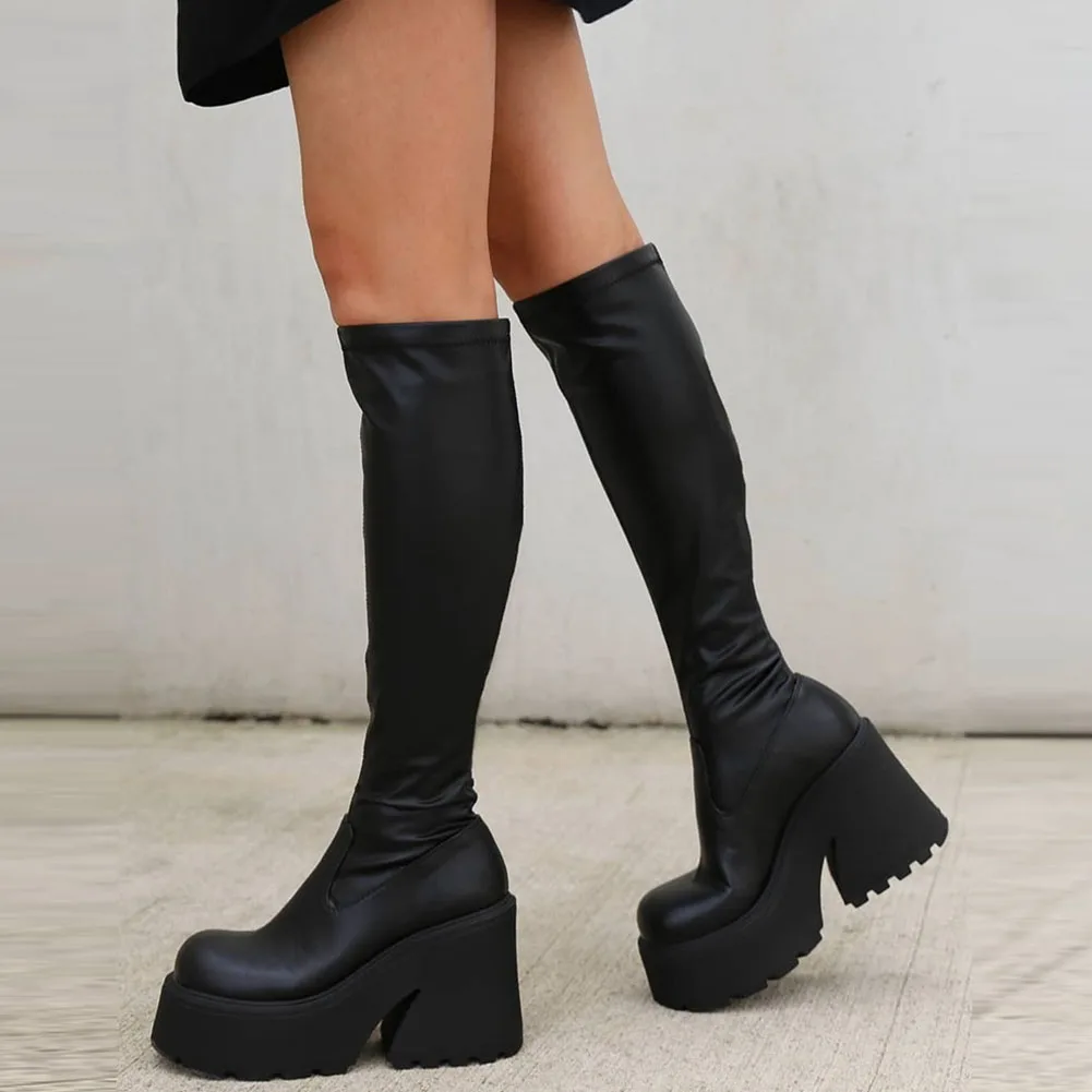 Top Trends: Platform Chunky High Heeled Women Knee High Boots Fashion Cool Round Toe Cute Sweet Heeled Boots Gothic Uniform Dress Shoes Shoppable Styles