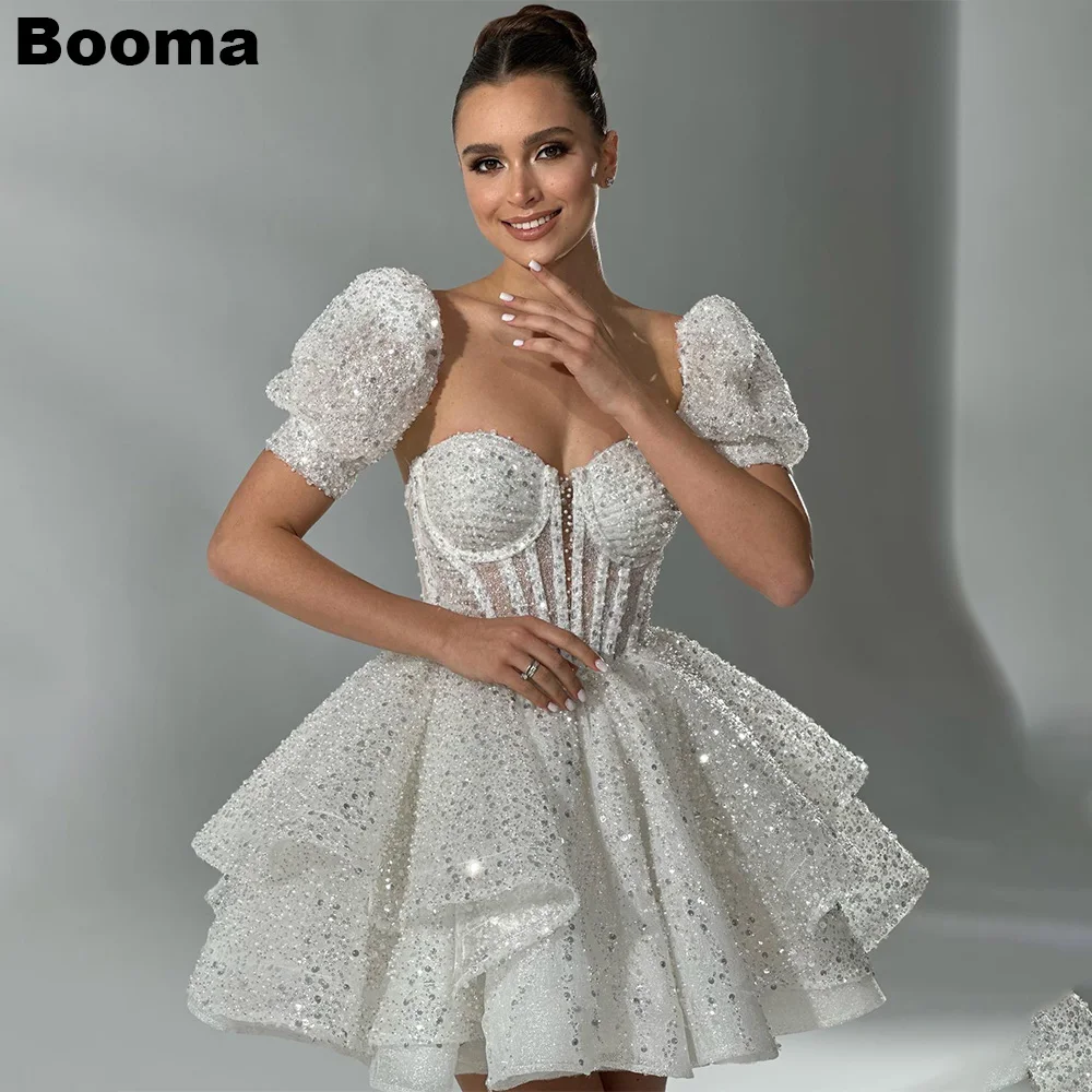 Top Trends: Booma A Line White Shiny Mini Wedding Dresses Sweetheart Detachable Sleeves Bridals Gowns Bone Corset Bride Party Dresses 2023 Shoppable Styles