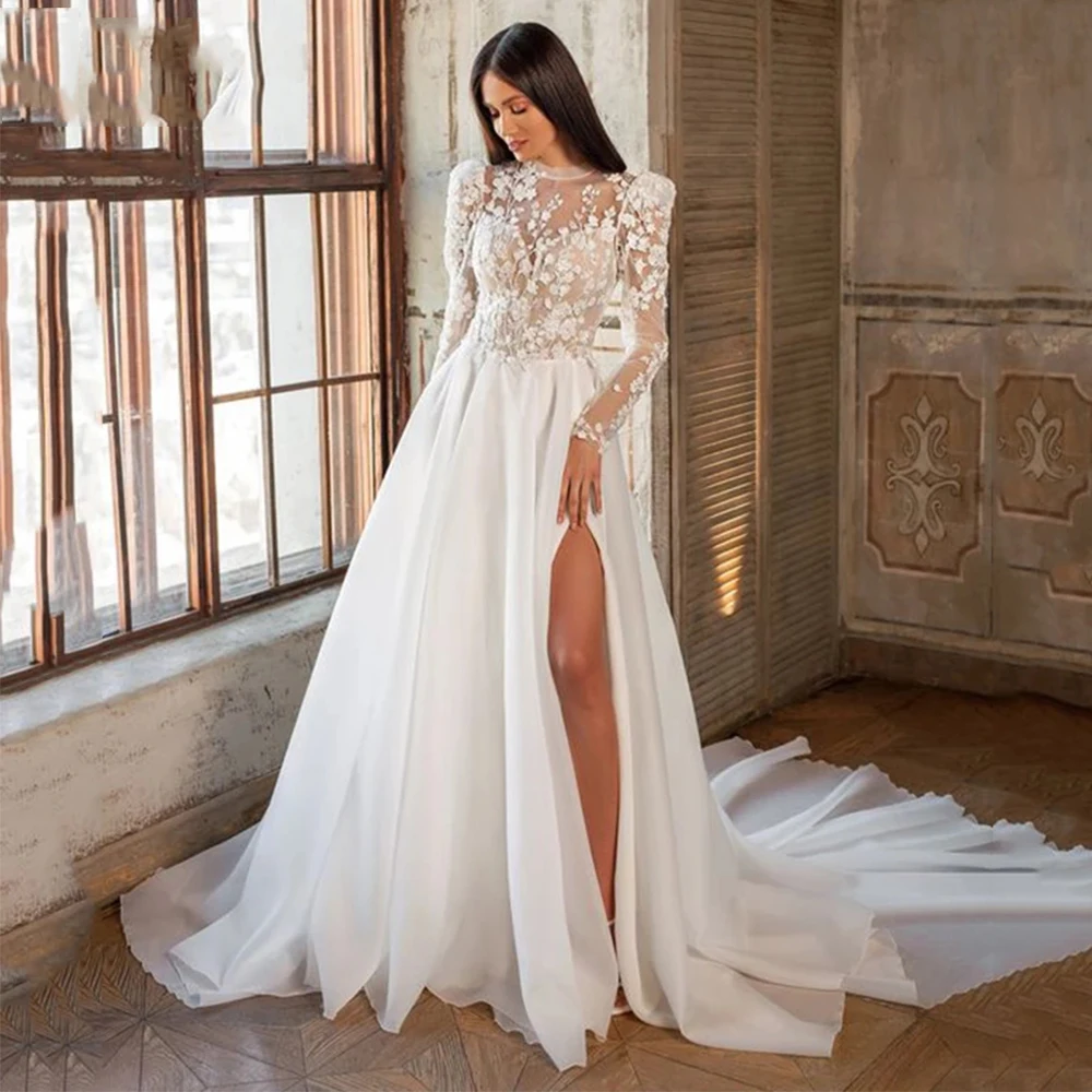 Top Trends: Beautiful Luxury Bohemian High Fork Wedding Dresses A-Line High Neck Lace Tulle Beach Bridal Gown Long Sleeves Sweep Train New Shoppable Styles