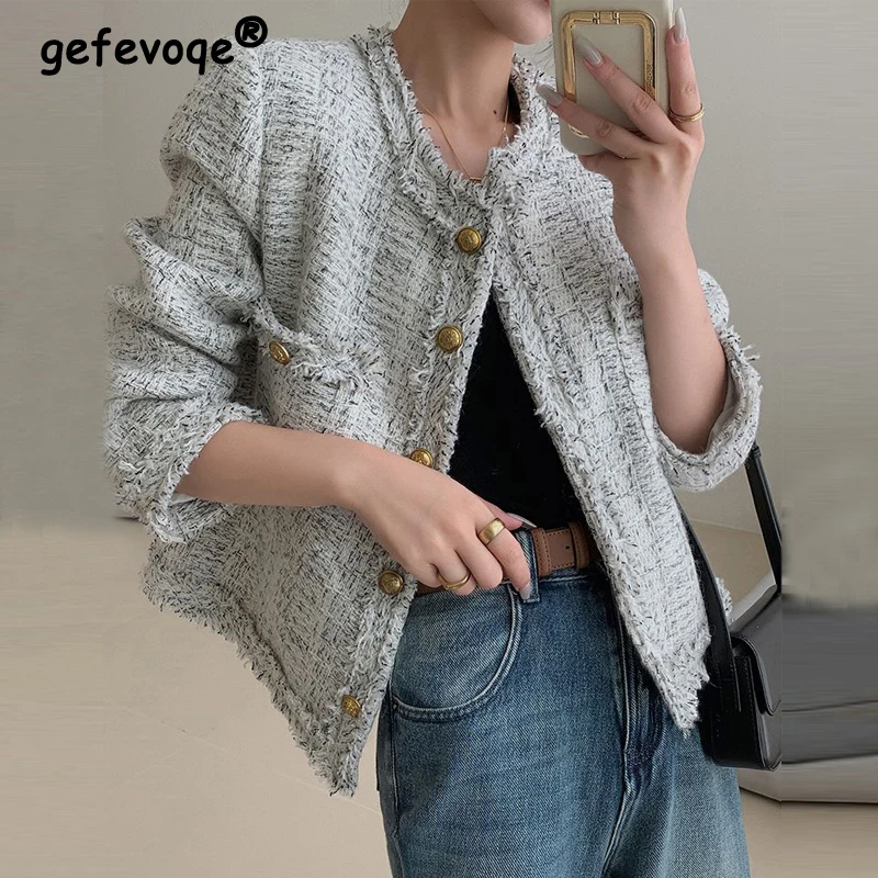 Top Trends: Women Vintage Elegant Luxury Design Tweed Single Breasted Jacket Autumn Winter Female Trendy O Neck Long Sleeve Loose Chic Coats Shoppable Styles