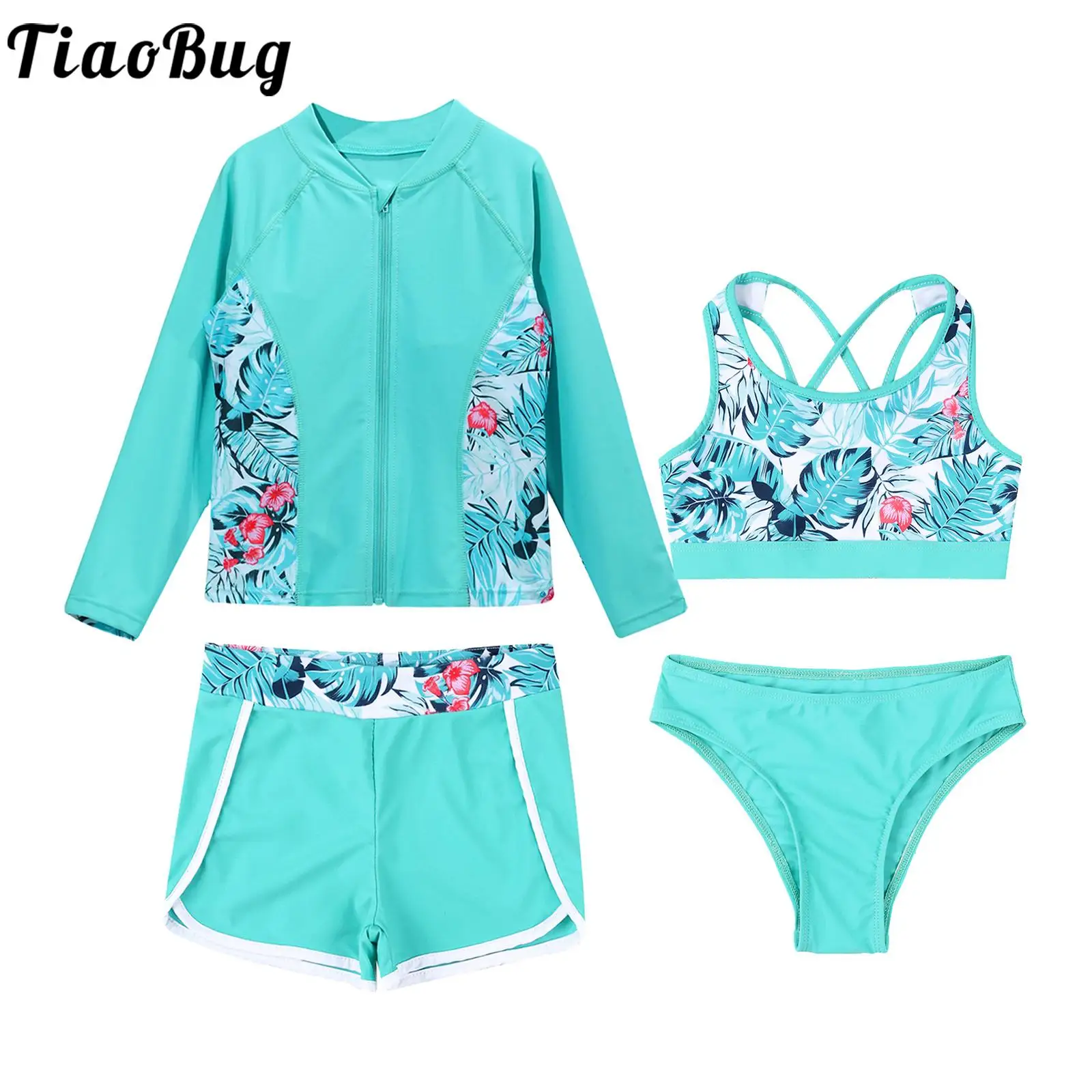 Top Trends: Kids Girls 4PCS Printed Swimsuit Long Sleeve Outerwear With Sleeveless Crop Top Briefs Shorts Bathing Suit Rash Guard Swimwear Shoppable Styles