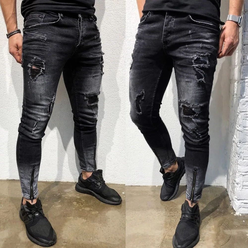 Top Trends: 2022 Trendy Men&#039;s Street All-match Jeans Hot Mens Skinny Stretch Denim Pants Distressed Ripped Freyed Slim Fit Jeans Trousers Shoppable Styles