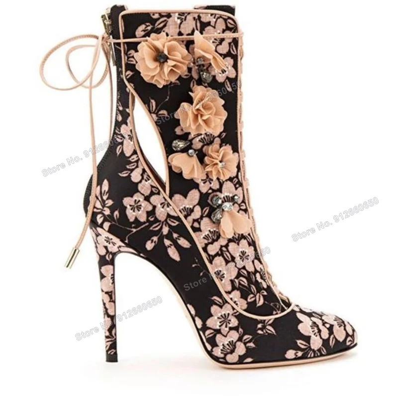 Top Trends: Moraima Back Zipper Lace Up Flower Decor Boots For Women Black Blue Mixed Color Fashion Runway Shoes Wedding Shoes On Heels Shoppable Styles