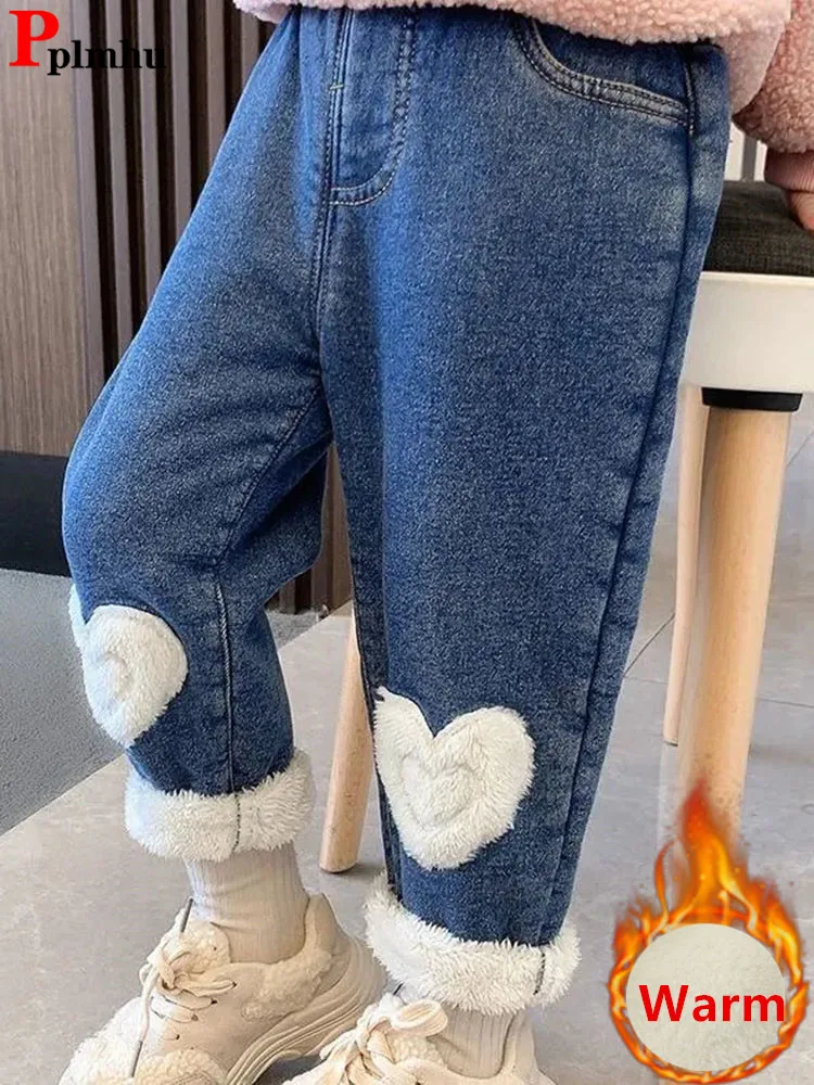 Top Trends: Winter Velvet Lined Girls Jeans Thicken Elastic High Waist Vaqueros Kids Warm Denim Harem Pants Plush Children Jean Pantalones Shoppable Styles