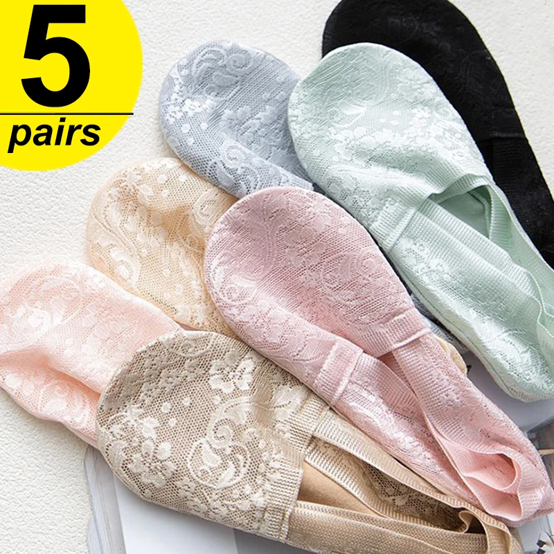 Top Trends: Summer Women Sexy Lace Socks Ice Silk Flower Low Cut Socks Invisible Anti-slip Lace Ankle Sock Breathable Boat Sox Female Shoppable Styles