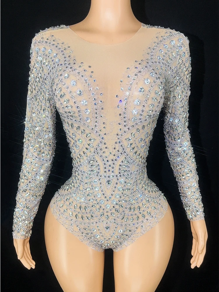 Top Trends: Sparkly Rhinestones Long Sleeve Mesh Transparent Bodysuit Sexy Dance Costume Performance Club Leotard Stage Wear Shoppable Styles